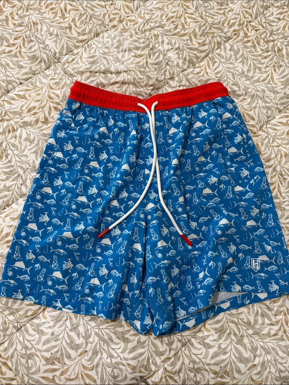 Men's Blue Fish-Print Swim Trunks with Red Waistband